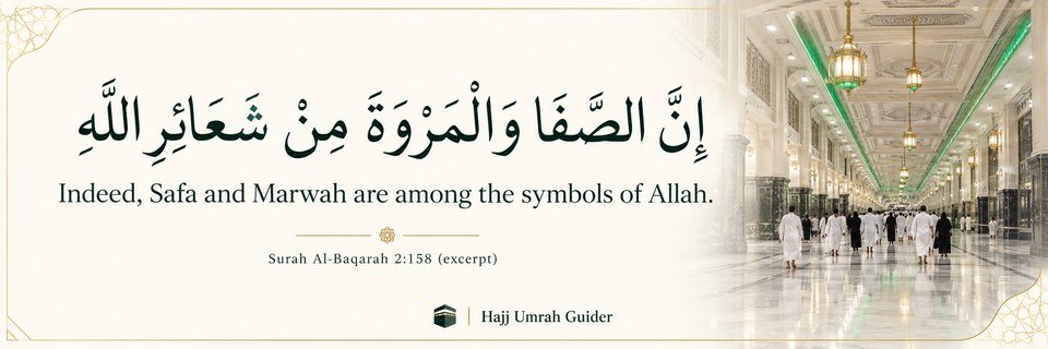 Safa and Marwah walkway beside an Arabic excerpt from Quran 2:158 with its English meaning, by Hajj Umrah Guider.