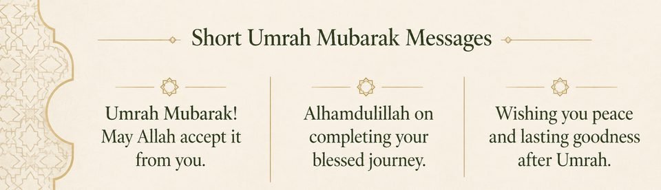 A card with three short Umrah Mubarak messages about acceptance, completing the journey, and lasting goodness after Umrah.