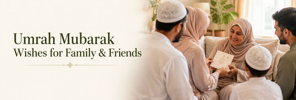 Family and friends sharing an Umrah Mubarak greeting card with a loved one