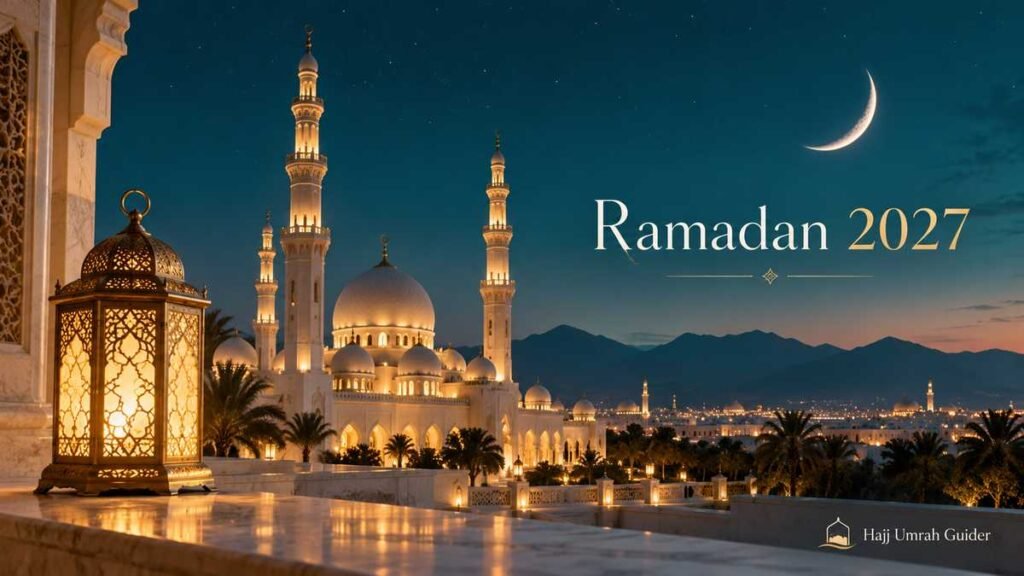 Ramadan 2027 crescent moon, illuminated mosque, and glowing lantern – Hajj Umrah Guider